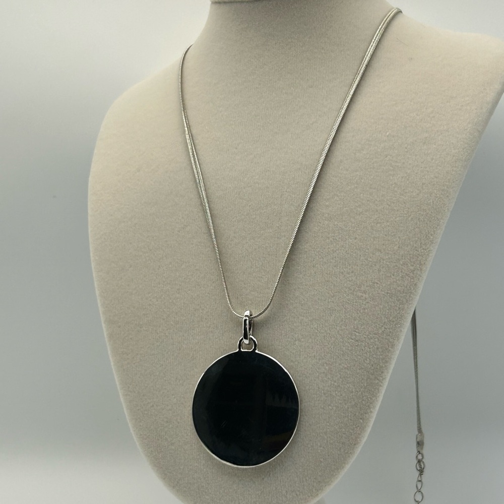 Round Disk Pendant Necklace 31" Long Chain Adjustable Silver Tone Fashion - Picture 3 of 10
